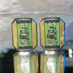 Vintage West Germany Lime Green Enamel Ship Earrings with Mother of Pearl